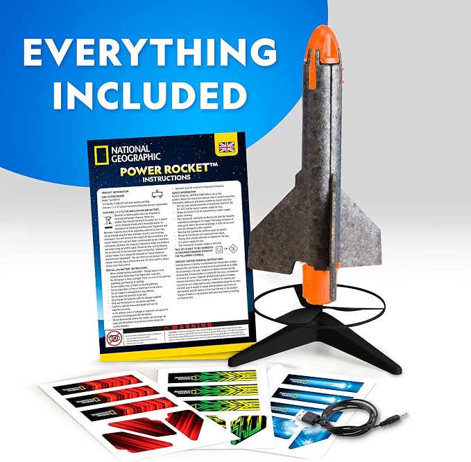National Geographic Motorized Rocket Launcher for Kids Ages 8-12 | Launches Up to 200 Feet, Rechargeable Motor, 3 Flight Settings, Safe Helicopter Landing, Outdoor Space Toy, Birthday Gift