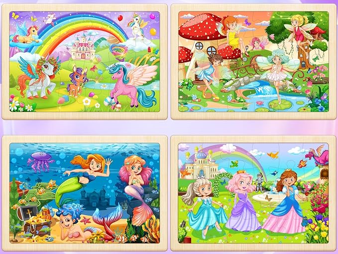 Wooden Puzzles for Kids Ages 4-6, 4 Pack 24 Pcs Toddler Puzzles Set for Ages 3-5, Educational Learning Toys Gift for Boys Girls 3 4 5 6 Year Old, Unicorn Mermaid Princess Elf Worlds
