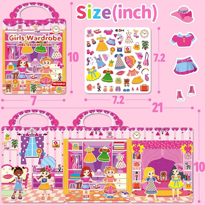 3 Sets Reusable Sticker Book for Toddlers 3-6, Jelly Sticker Books for Toddler, Travel Sticker Activity Toys for Kids 3 4 5 6 Years Old Girls & Boys (Unicorn+Magic+Wardrobe)