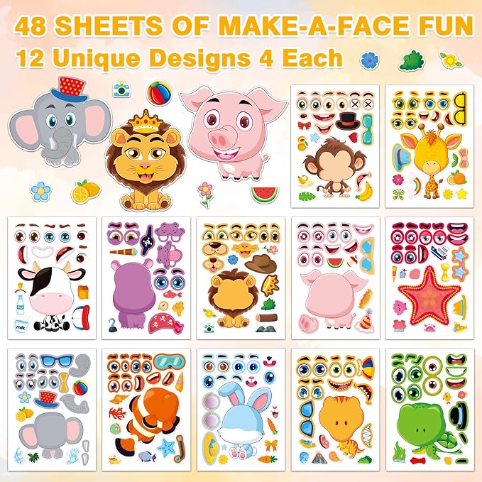 48 Animal Make-a-Face Sticker Sheets for Kids | 12 Designs, Mix 'n Match Crafts, Party Favors & Goodie Bag Stuffers