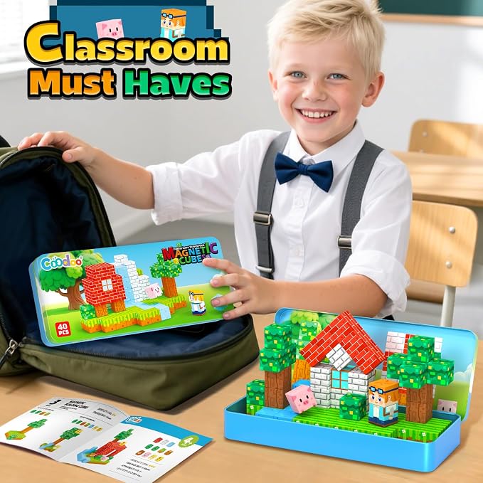 Magnetic Blocks Kids Travel Toys with Portable Metal Tin Montessori Toys | Building Blocks STEM Magnet Magnetic Tiles Toddler Kids Toys for 3+ Year Old Boys & Girls, Classroom Must Haves Creative Gift