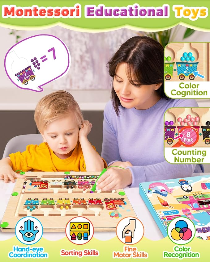 Magnetic Color and Number Maze, Montessori Toys for 2 3 4 Year Old- Train | Birthday Gifts for Girls Boys, Wooden Color Matching Puzzle Board, Preschool Learning Activities, Travel Toys for Ages 2-4
