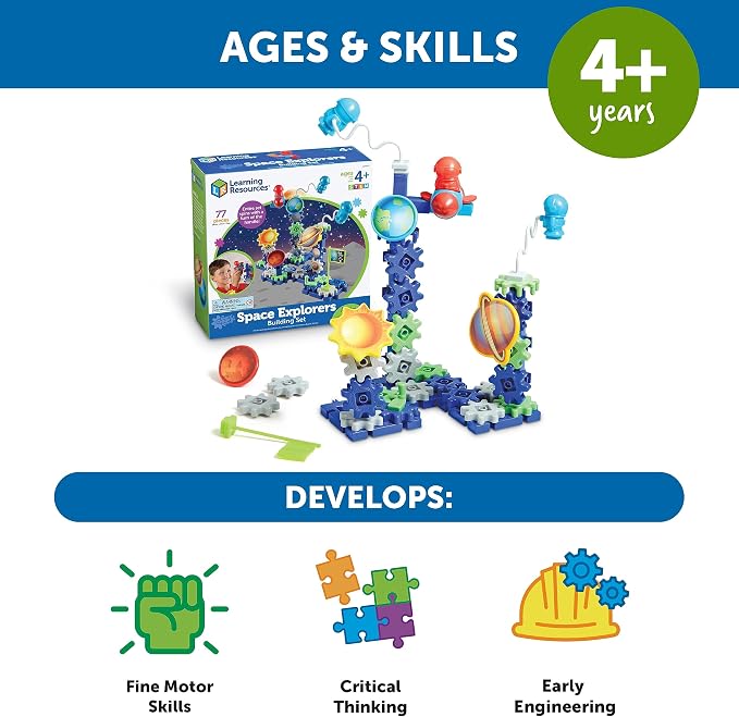 Learning Resources Gears! Gears! Gears! Space Explorers Building Set - 77 Pieces, Ages 4+, STEM Activities, Fine Motor Skills, Toddler Explorer Kit, Science and Construction, Boys and Girls Gifts