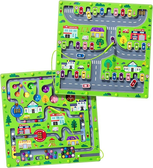 rifamee 2 in 1 Magnetic Color and Number Maze Magnet Alphabet Counting Double Sided Board Wood Puzzle Fine Motor Skills Montessori Preschool Toys Gifts for Boys and Girls 3-5 Age (Big Car, One Size)