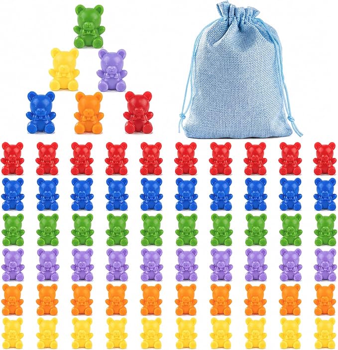 XINHUIDALSQ Rainbow Counting Bears Set of 60, 6 Colors Sorting Teddy Plastic Bears Math Manipulatives for Toddlers, 1 Inch Bear Conters Ages 3+ Kids