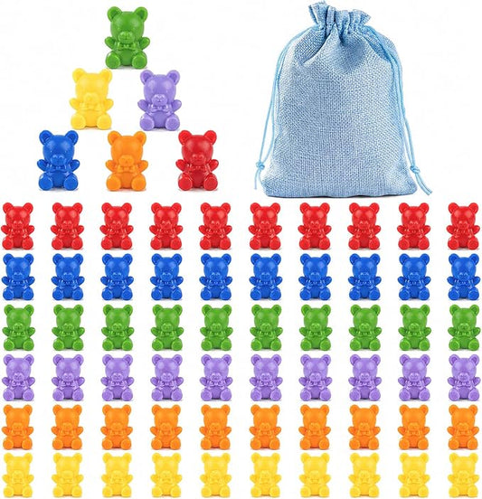 XINHUIDALSQ Rainbow Counting Bears Set of 60, 6 Colors Sorting Teddy Plastic Bears Math Manipulatives for Toddlers, 1 Inch Bear Conters Ages 3+ Kids