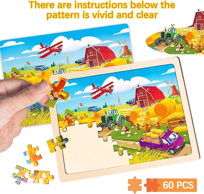 Wooden Puzzles for Toddlers 3-5,6 in 1 Jigsaw Wooden Solar System Puzzles for Ages 4-6,Preschool Educational Brain Toys Gifts for Boys and Girls 2 4 3 5 Year Old（Vehicle）