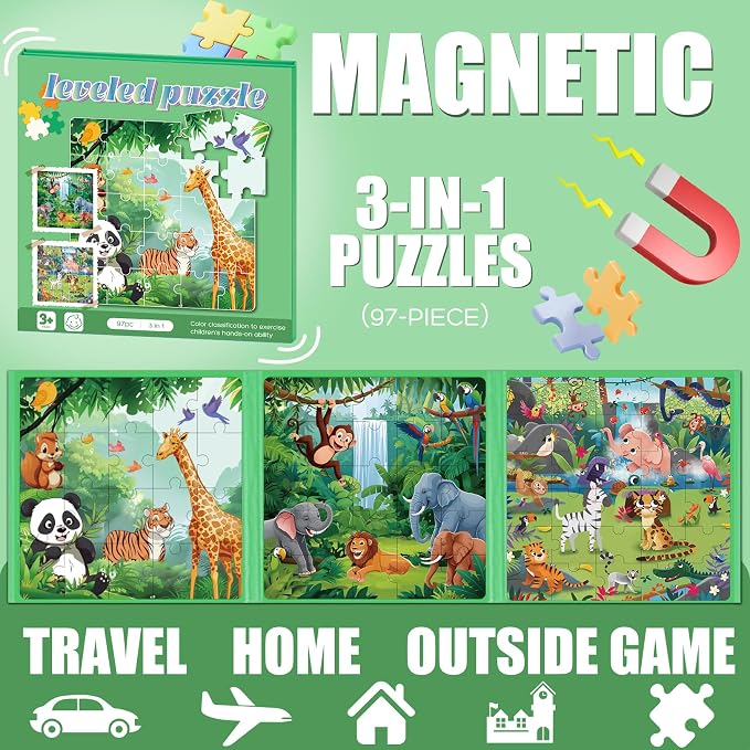 Magnetic Puzzles for Toddlers 3-5 Toddler Puzzle Travel Toys （Animal） | Jigsaw Puzzles for Kids 97-Pieces Travel Toys, Animal Jungle Puzzles Ages 4-6 Road Car Trip & Airplane