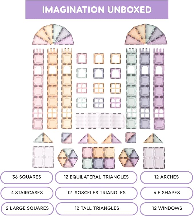 Pastel Magnetic Tiles, 108-Piece Palatial Set with Stairs | Palace & Castle Building Blocks, Strong Magnets, STEM Toy, Ages 3+