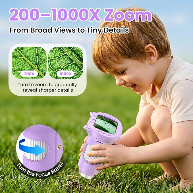 Alotwan Kids Handheld Microscope, 1000X Digital Pocket Microscope for 3-12 | 2.4" Large Screen, HD Camera/Video, Outdoor Toys, STEM Science Kit, Birthday Gifts for Boys & Girls 3-12, Christmas Gift