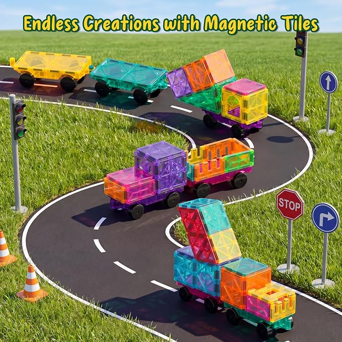 Bmag 4 PCS Magnetic Tiles Car Base Accessories, Compatible with Most Standard Magnetic Building Tiles, Sealed Magnet Car Bases, STEM Building Expansion Kit for Kids Aged 3+