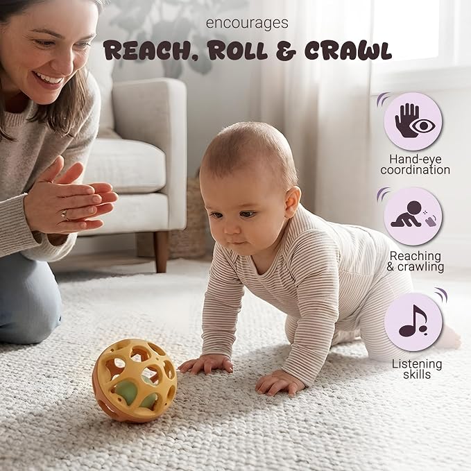 Sensory Rattle Balls, Textured Teething Sensory Toy for Babies 6-12M | BPA-Free Wheat Straw, Bright Colors, Shake-to-Rattle Sound, Cause & Effect Play, Lightweight Baby Gift, Yellow