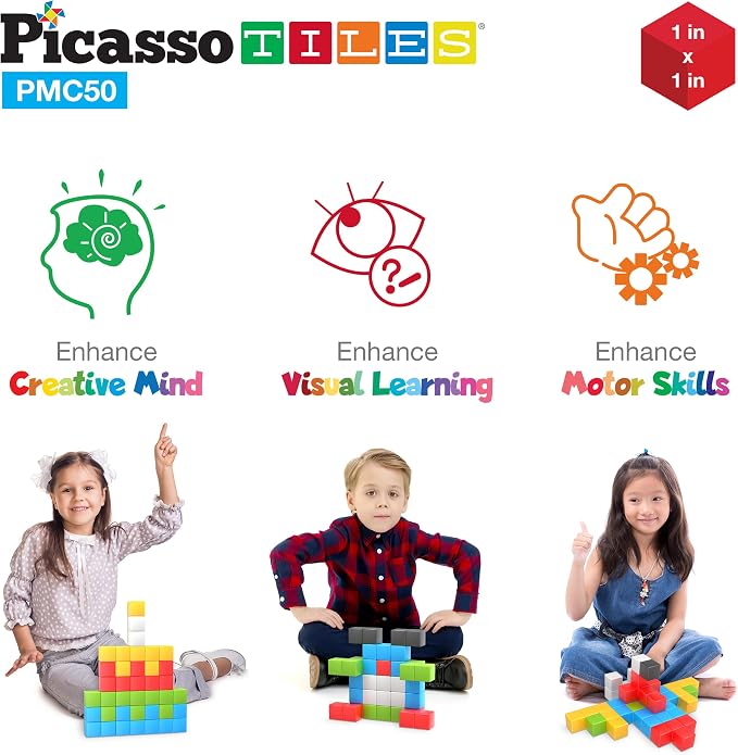 PicassoTiles Kids Pixel 1” Magnetic Puzzle Cube Mix & Match with Free Ideabook Sensory Toys STEAM Learning Building Block Magnets Construction Toy Set Stacking Magnet Creative Kit