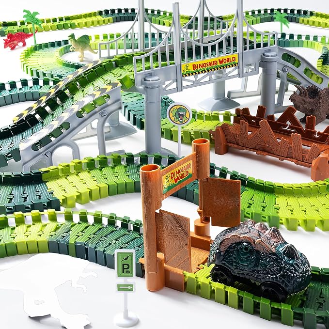268 PCS Race Tracks Dinosaur Toys for Kids 3-5, Flexible DIY Track Set | Glow in The Dark Magic Toy Set, 2 Dinosaur Cars Track, Birthday Gift for Age 3-9 Boys Toddler Girls