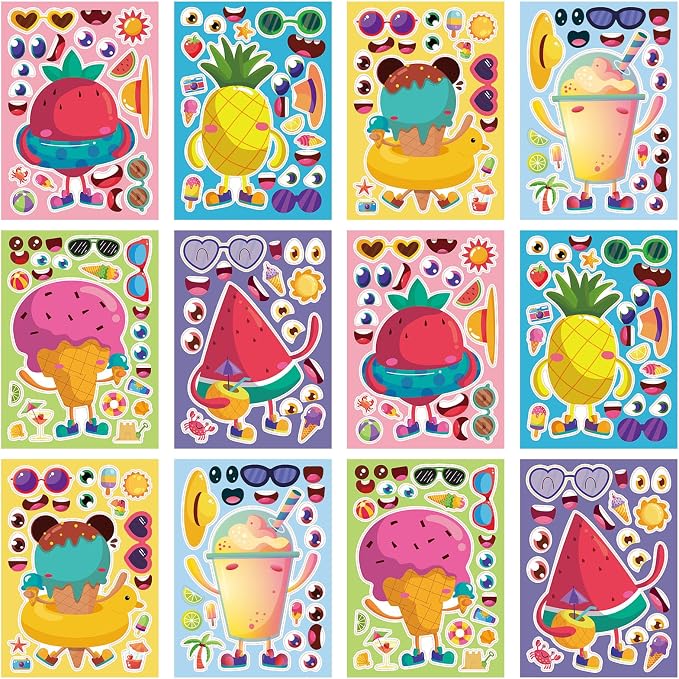 24 Sheets Make a Face Summer Stickers for Kids Party Favors | Make Your Own Summer Stickers Birthday Decorations Supplies, Toddlers Crafts Activities Gifts Goodie Bags Stuffers