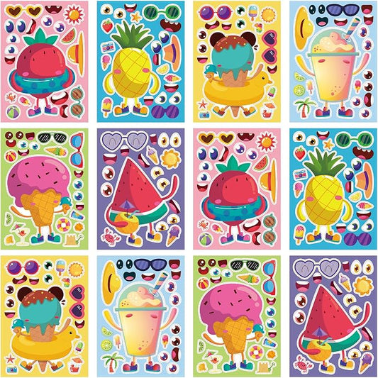 24 Sheets Make a Face Summer Stickers for Kids Party Favors | Make Your Own Summer Stickers Birthday Decorations Supplies, Toddlers Crafts Activities Gifts Goodie Bags Stuffers