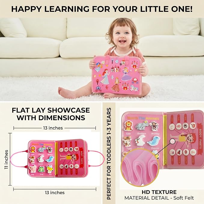 Busy Board for Toddlers，Montessori Busy Board with Sensory Activities, Fine Motor Skills Learning Toy, Travel Activity Book for Airplane and Car, Educational Gift for Boys and Girls