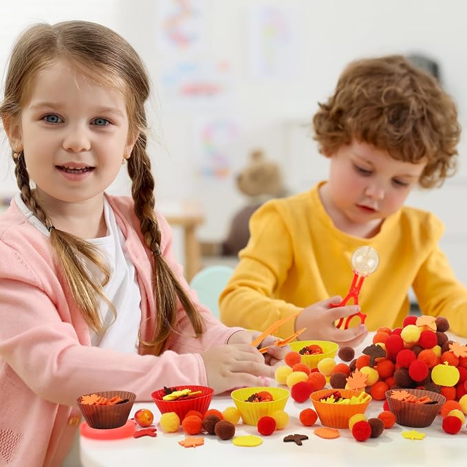 353 PCS Thanksgiving Fall Sensory Bin Fillers Fine Motor Preschool Toys | Autumn Counting Color Sorting Set, With Felt Leaves, Pom Poms, Clip, Silicone Bowls Handy Storage Box,Thanksgiving Gift