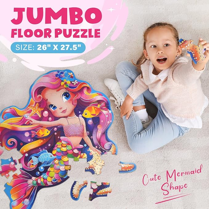 BenBen Floor Puzzle for Kids Ages 3-8, Mermaid Shaped Large Piece Puzzles | 52 Pieces Extra-Thick Jumbo Jigsaw Puzzle for Toddlers Ages 4-6, Preschool Educational Toys with Storage Box for Girls Boys