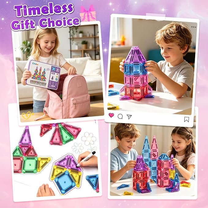 Mini Magnetic Tiles Travel Toys, 40PCS Magnetic Blocks Building Kids Toy | Montessori Preschool Classroom Must Haves, STEM Sensory Outdoor Toys for Toddlers 3+ Year Old Girls Boys, Travel Essential