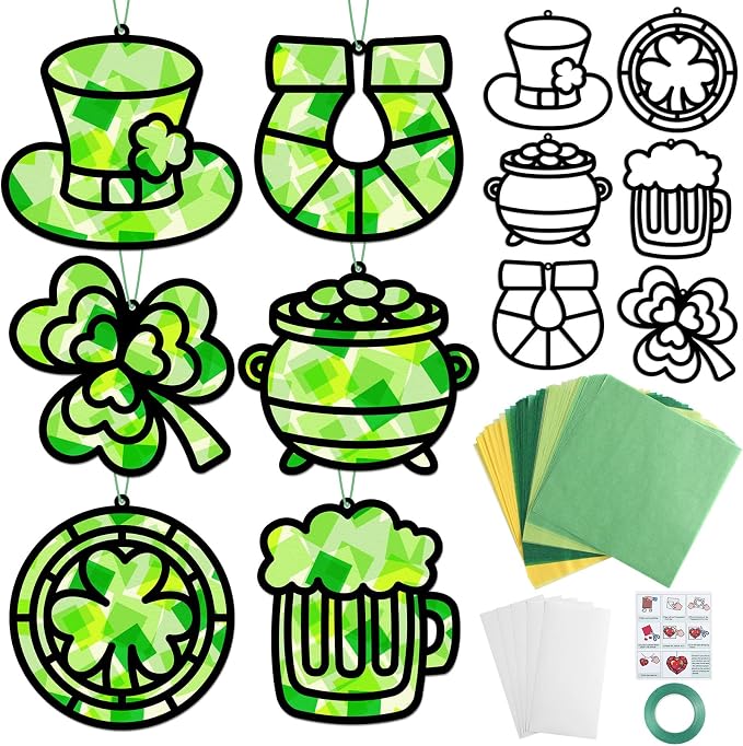 Qyeahkj 36 Set St. Patrick's Day Suncatchers Crafts for DIY Shamrock Window Tissue Paper Craft Kit Hanging Decor for St. Patrick's Day Home Activity Art Project Birthday Party Favor