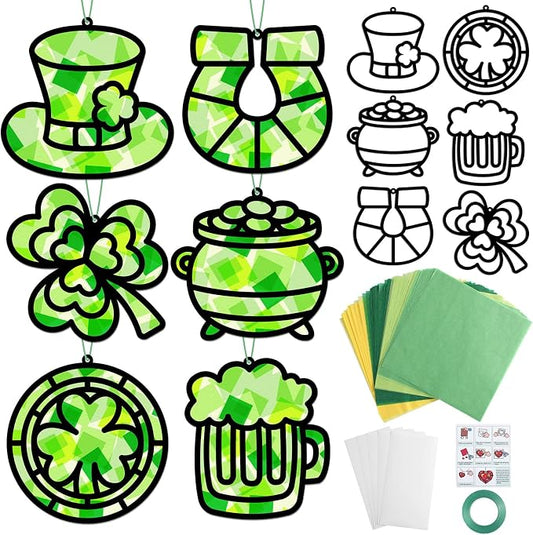 Qyeahkj 36 Set St. Patrick's Day Suncatchers Crafts for DIY Shamrock Window Tissue Paper Craft Kit Hanging Decor for St. Patrick's Day Home Activity Art Project Birthday Party Favor