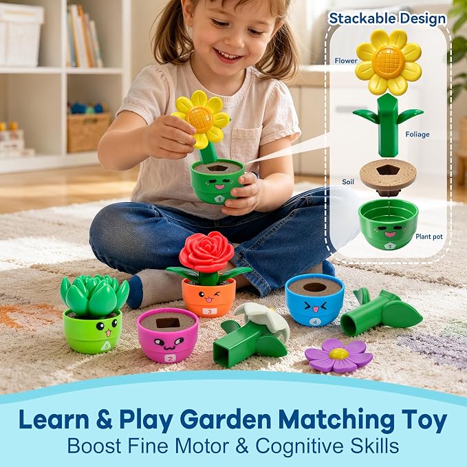 GEERAY 5 Sets Montessori Toddler Flower Garden Toys, Color Shape Sorting & Matching Game for Kids, Spring Toy Sensory Gardening Gift for 1 2 3 Year Old Girls & Boys, Preschool Classroom Learning