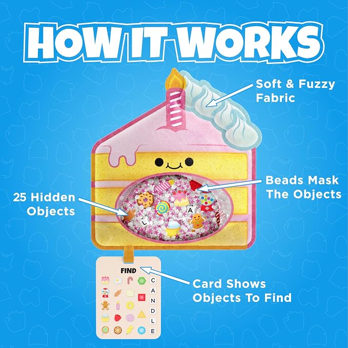 Vango BIZYBOO Spike - Seek & Find Plush Travel Toy for Kids Ages 2+ | 25+ hidden objects to search, matching picture & word card, handheld sensory play, fine motor skills, quiet car & plane rides