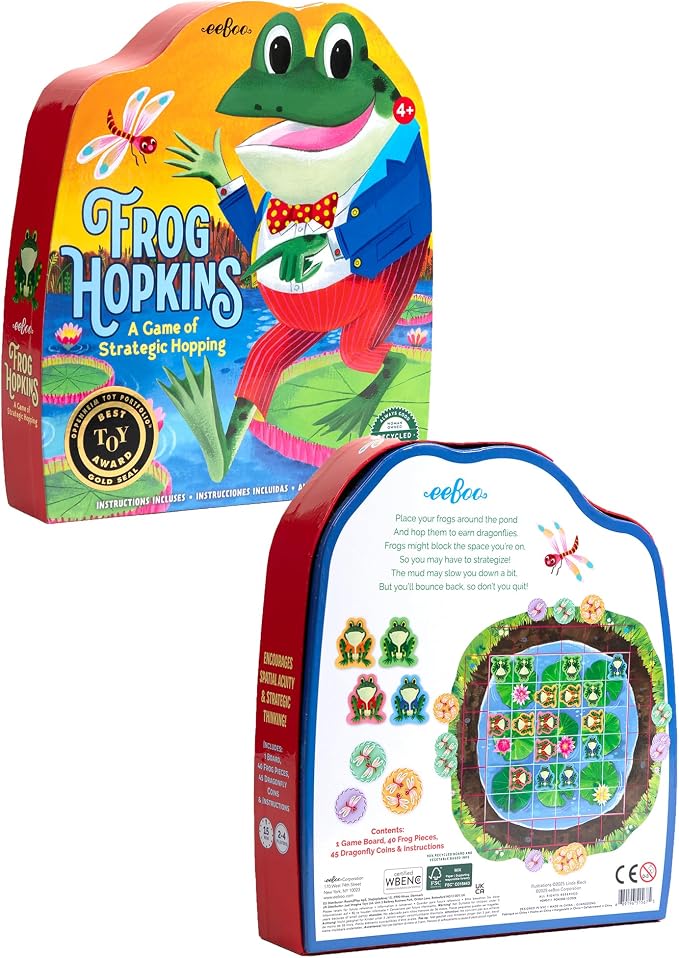eeBoo Frog Hopkins Shaped Board Game - Award Winning Spatial Strategy & Frog Hopping Game, Screen-Free Fun for 2-4 Players, Kids Ages 4 and up