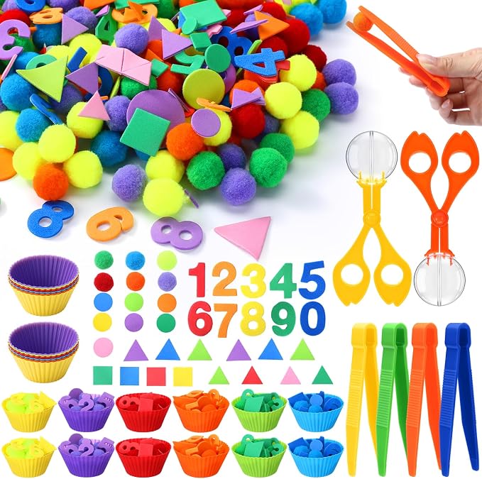 Blosssound 550 Pcs Fine Motor Toys Counting Sorting Sensory Bin Filler Set Include Pom Poms Numbers Shape Cups Tweezers Scissors Clips for Early Education Color Counting Sorting Training Activities