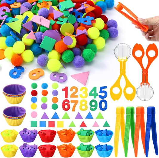 Blosssound 550 Pcs Fine Motor Toys Counting Sorting Sensory Bin Filler Set Include Pom Poms Numbers Shape Cups Tweezers Scissors Clips for Early Education Color Counting Sorting Training Activities
