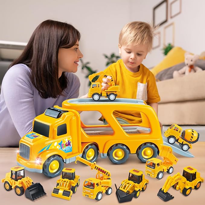 Veslier 9 in 1 Construction Truck Toys with Sounds and Lights in Carrier Truck, Push and Go Vehicles, Birthday Gift for Toddler Boys and Girls Ages 3 4 5 6 Years Old