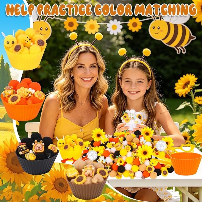 282PCS Bee Sensory Bin Filler Spring Summer Bee Fine Motor Sensory Bin Items Includes Pom Poms Sunflower Bee Honeycomb Resin for Counting Sorting Training
