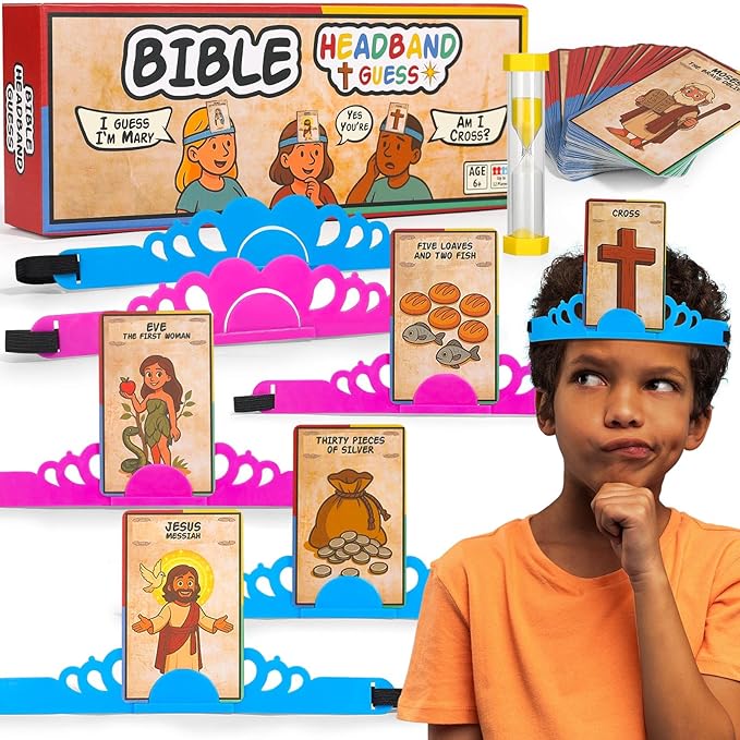 Garybank Bible Headbands Games for Kids, Bible Character & Item Guess Game | 66 Picture Keyword Cards, 4 Headbands, 1 Hourglass, Learn Biblical Stories & Verses, Sunday School, Family Night, Easter Gift