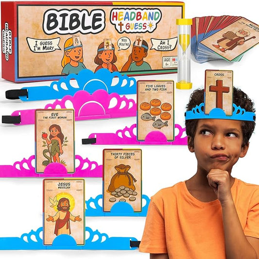 Garybank Bible Headbands Games for Kids, Bible Character & Item Guess Game | 66 Picture Keyword Cards, 4 Headbands, 1 Hourglass, Learn Biblical Stories & Verses, Sunday School, Family Night, Easter Gift