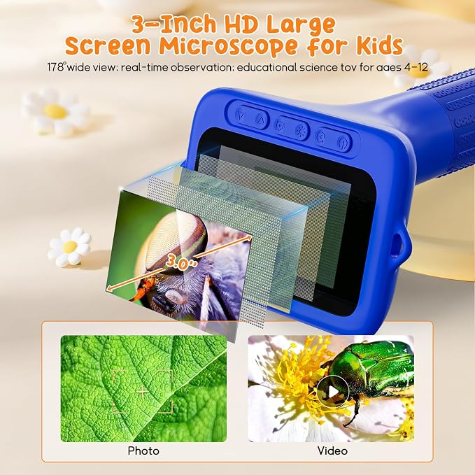 SKYBASIC Digital Microscope for Kids, 3" Screen 1000X Handheld Microscope HD Pocket Portable Microscopes Camera, Science Edu Fun Toys for Ages 4-12 Children Students Boys Girls -Blue
