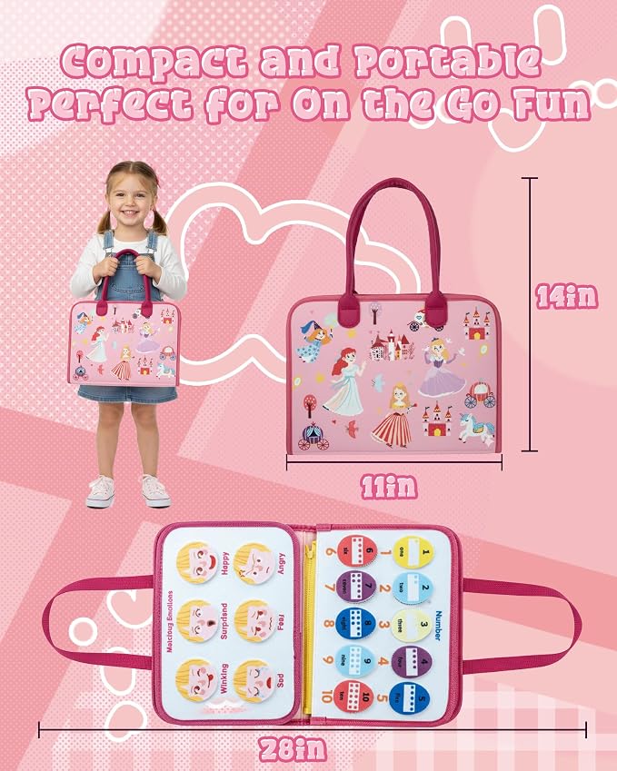 Pink Montessori Busy Board,8-Page Sensory Activity Book for Fine Motor Skills & Basic Dress Learning, Portable Travel Toy for Preschool Kids, Portable Travel Gift for Preschool Girls