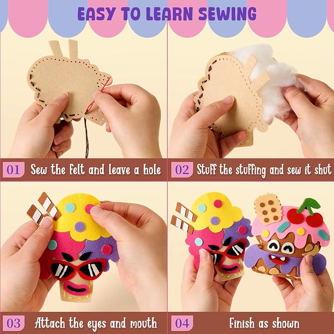 Toylink DIY Sewing Kit for Kids Ages 4-12, 12 Dessert Felt Craft Kit with Pre-Punched Holes, Blunt Plastic Needles, Cotton Stuffing - First Sewing Kit STEM Learning Toys for Girls Boys Birthday Gift
