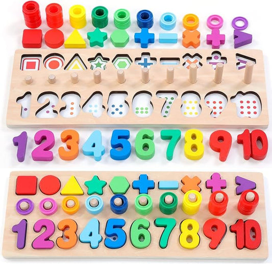 GeroCrew Wooden Montessori Toys for Kids Toddler Number Puzzles Sorter Counting Shape Stacker Stacking Game Preschool Toys for Boy Girl Learning Education Math Blocks Year Old Girl Gifts (Rainbow)