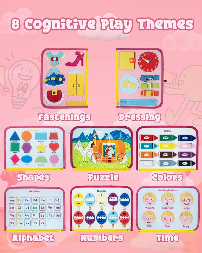 Pink Montessori Busy Board,8-Page Sensory Activity Book for Fine Motor Skills & Basic Dress Learning, Portable Travel Toy for Preschool Kids, Portable Travel Gift for Preschool Girls