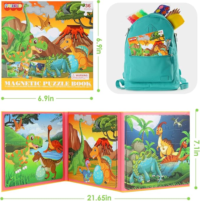 Magnetic Puzzles for Kids Ages 4-6, 20-Piece Travel Toys Dinosaur PreschoolerPuzzles, Educational Learning Magnets, Ideal Road Trip Activities Toys for 3 4 5 6 Boys and Girls