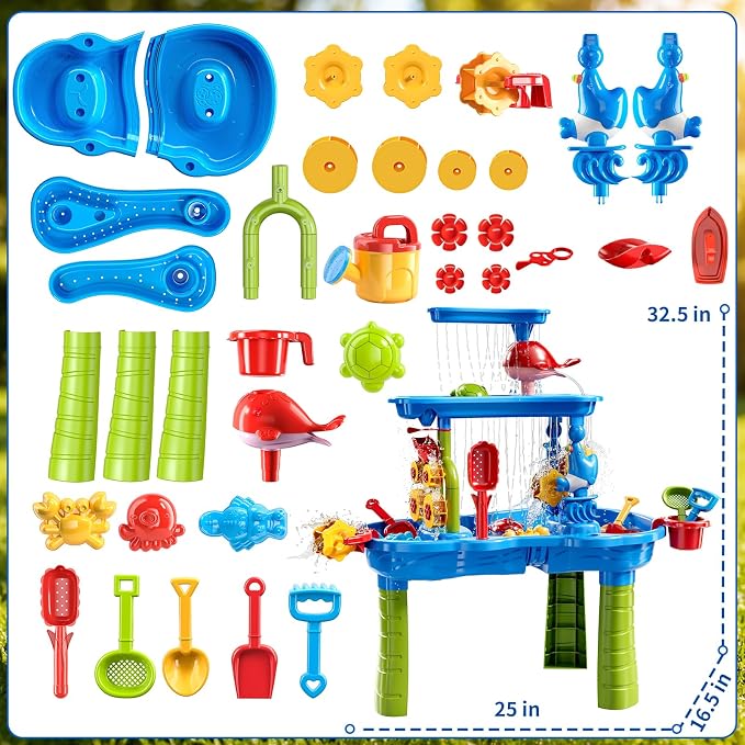 Water Table for Toddlers 3-5, 3-Tier Kids Sand Water Table, Water and Sand Activity Sensory Table Beach Outdoor Backyard Toys for Kids Toddlers Age 3 4 5 6 7 8 Boys Girls