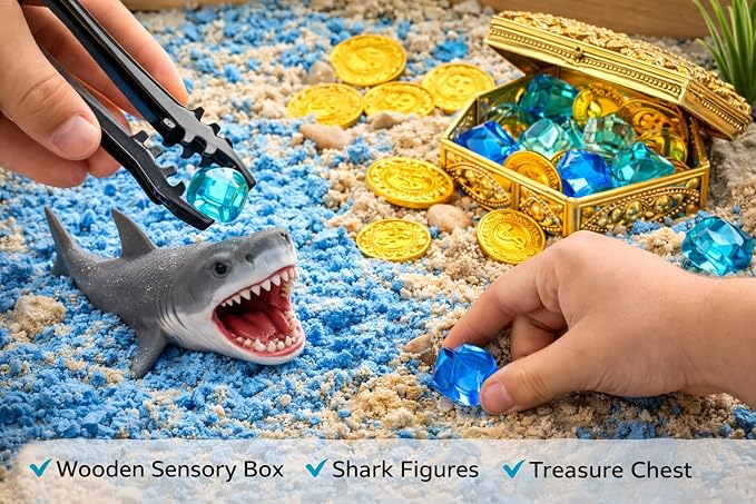 Shark Sensory Bin Kit for Kids - Ocean Sensory Play Kit with Wooden Storage Box, Moldable Sand, Sharks & Treasure Chest - Montessori STEM Learning Toy, Shark Gifts for Boys & Girls Ages 4-8