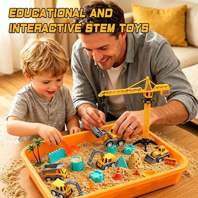 Construction Sensory Bin for Toddlers – Gifts for 3 Year Old Boys | Play Sand Building Kit Sandbox Playset with Lid Preschool Learning Activity Toys for Girls Ages 3‑5
