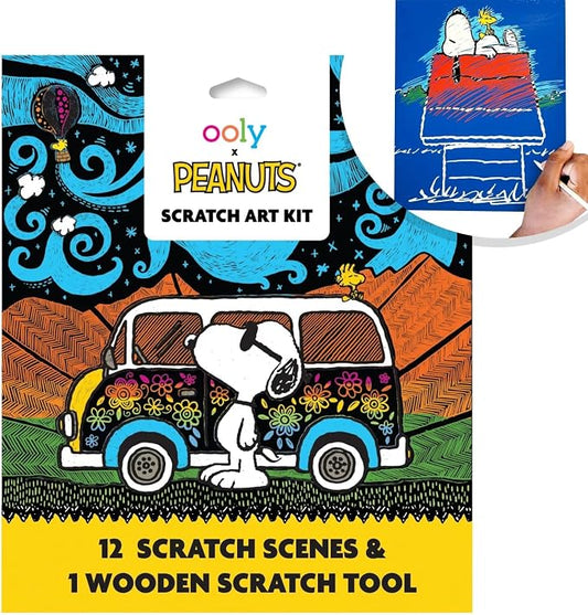 Ooly x Peanuts Snoopy Scratch & Scribble Art Kit, 12 Cards, Woodstock | Ages 6+, Wooden Stylus and Stickers Included, Screen-Free Portable Car and Airplane Travel Activity, Gift for Kids