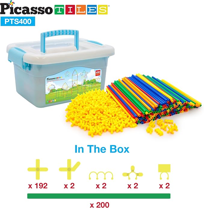 PicassoTiles 400 Piece Straws and Connectors, STEM Construction Set Ages 3+ | Interlocking builder pieces, creative early education kit, hands-on engineering play, screen-free fun for curious young kids