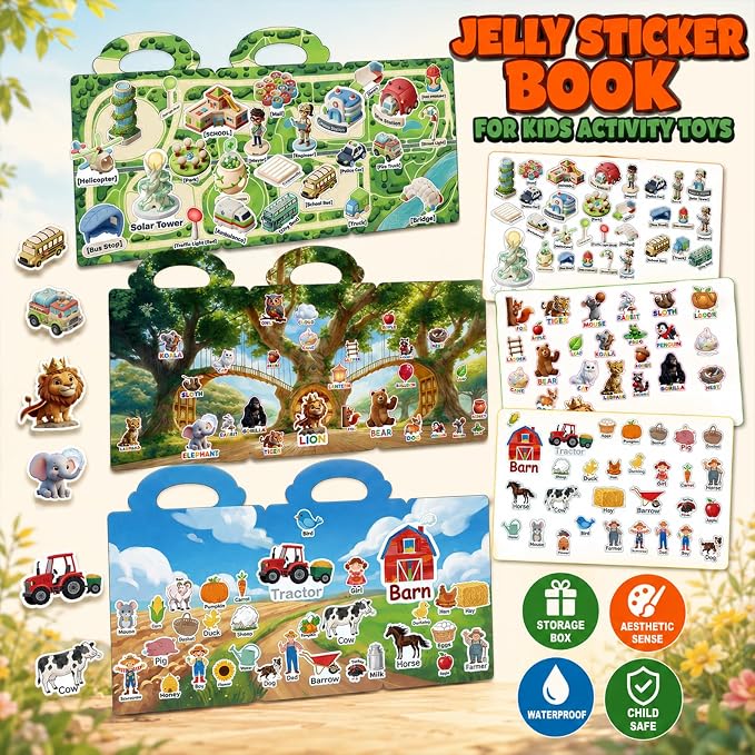 Reusable Jelly Sticker Books for Toddlers 2-4, Kids 3-6, 6 Sets | Sticker Activity Toys | Quiet Travel Toys | Washable 3D Puffy Stickers | Screen-Free Play | Gift Ages 1-6