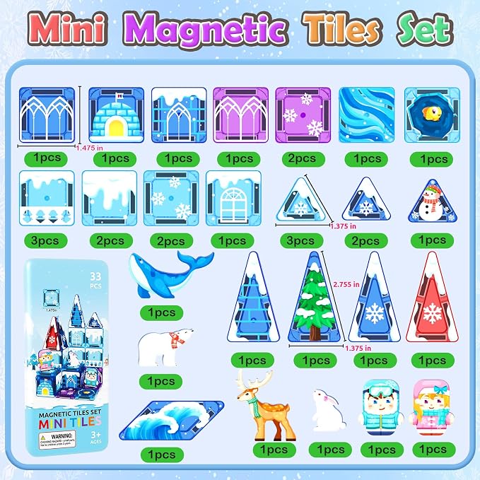 33PCS Mini Magnetic Tiles - Arctic Animals Theme Toddler Travel Essentials Set with Case, Magnetic Building Blocks Kids Games Montessori Preschool Sensory Toys for 3+ Year Old Boys Girls Gifts