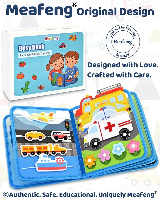 Vehicles Educational Book for Toddlers 1–3, Montessori Quiet Activity & Learning Book with Cars, Trucks & Firefighters, Educational Toy for Early Learning, Travel Toy for Car & Airplane Trips