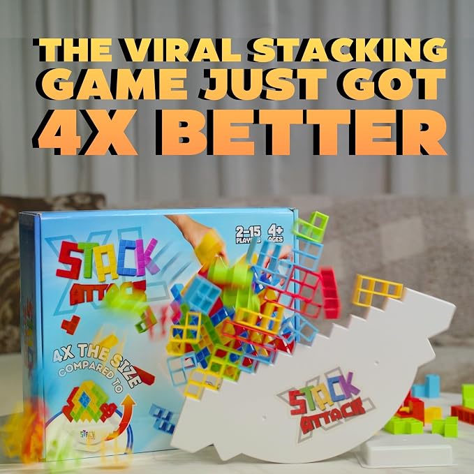 Stack Attack XL Family Tower Game, Giant Balance Game for All Ages | 100 pieces, 36 challenge cards, giant tabletop game, family game night, balance stacking fun, gift for kids and adults